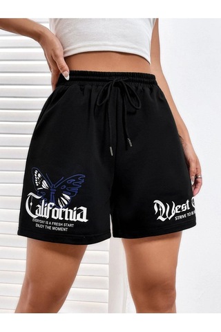 Siyah Kısa Californi West Coast Şort - Penye Baskılı Kordonlu Siyah