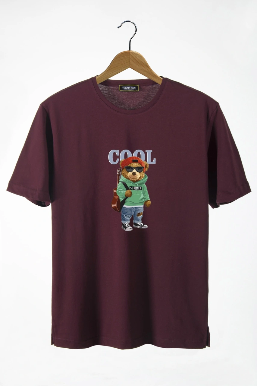 Veaven Unisex Bordo Önü Cool Ayıcık Baskılı Bisiklet Yaka Oversize Kalıp Basic Pamuklu T-shirt Bordo