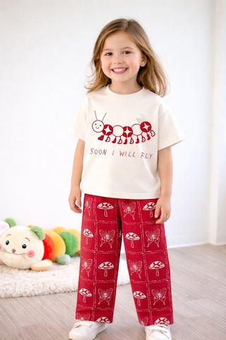 Monila Kız Çocuk Pamuklu Tırtıl Baskılı T-shirt Ve Bordo Baskılı Eşofman Alt Üst Takım Ekru/bordo