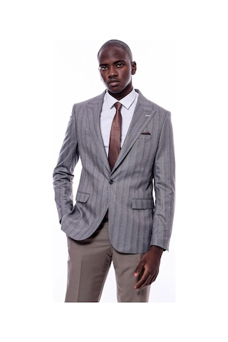 Wessi Ekose Çizgili Gri Slim Fit Ceket Gri