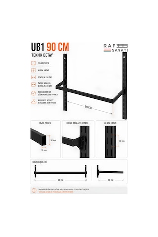 1 Adet - Ub1 90 Cm U Tipi Mağaza Askılığı 30 Cm Derinlik 40 Hatve - Konik Dikme Profil Uyumlu Elbise Askı Taşıyıcı Siyah