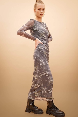 DeFacto Coool Bodycon Desenli Tül Uzun Kollu Maxi Elbise C1891AX24SPGR452