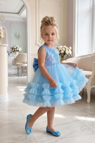 Butik Happy Kids Kız Çocuk Turkuaz Payetli Volanlı Tüllü Prenses Abiye Elbise 1-6 Yaş