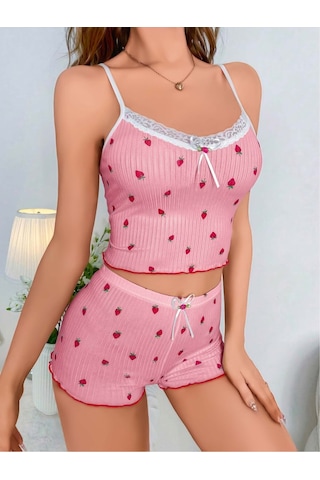 Jhena Beyaz Dantel Detaylı Desenli Kadın Penye Gecelik, Kadın Kaliteli Ev Giyim Pijama Pudra - Pembe