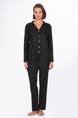 Kadın Süet Önden Düğmeli Pijama Takımı Kalpli Siyah Beyaz - Siyah