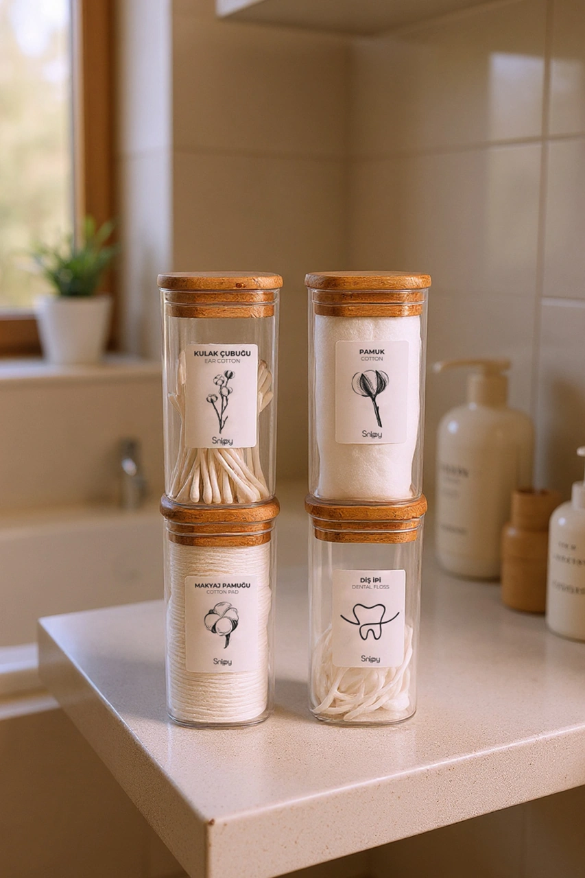 Luvo - 4'lü Kare Ahşap Vakum Kapaklı Banyo Organizeri Plastik Banyo Seti Etiketli Düzenleyici 350 Ml Ahşap