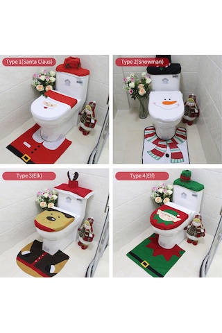 Kangvka Noel Banyo Dekorasyon Seti Bodrum Battaniye + Tuvalet Kapağı Kılıfı + Tank Kılıfı - Yumuşak Kumaş, Kaymazsız Taban, Yeniden Kullanılabilir Diğer