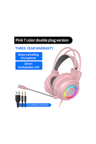 Shineyee G58 Pembe Oyun Kulaklığı 7.1 Ses, Mikrofonlu, Pc/ps4 Uyumlu, 50mm Sürücü, Renkli Işık, 3.5mm+usb Bağlantı