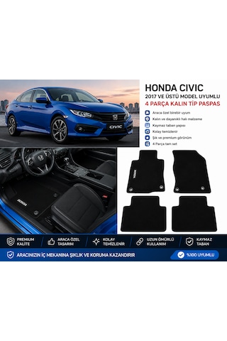 Honda Civic 2017-2022 Fc5 / Fk7 Uyumlu 4 Parça Kalın Tip Siyah Halı Paspas