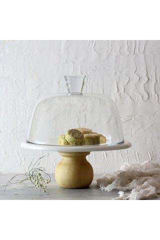 Akayev Mermer 25 CM Ahşap Ayaklı Beyaz Cam Fanus