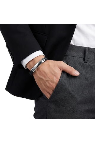 Moncuk Design İsim Yazılabilir Siyah Deri Ve Beyaz Titanyum Kilit Bileklik 33513b15d3