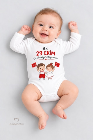 Babyden's İlk 29 Ekim Cumhuriyet Bayramım Baskılı Bebek Çıtçıtlı Body Uzun Kollu %100 Pamuk Unisex Zıbın Badi Beyaz