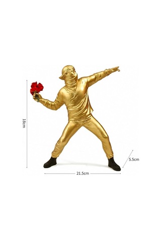 CajuArt Altın Renk Banksy Çiçek Atan Adam Modern Biblo Ev Dekoru