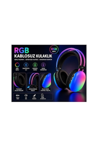 Pg580 Rgb Led Işıklı Bluetooth Kulaküstü Kulaklık Şarjlı Dahili Mikrofonlu Kablosuz Kulaklık Hafıza Kartı Ve 3.5mm Jack Girişli Mp3 Çalar