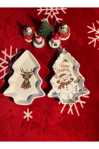 Yılbaşı Temalı 2'li Ağaç Tasarımlı Desenli Seramik Sunum Servis Tabağı 17x12 Cm Geyikli Ve Kardan Adamlı