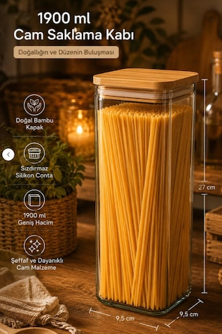Porsima 7-4 Bambu Vakumlu Kapaklı Kare Borsilikat Cam 12li Kavanoz Seti Saklama Kabı 1900ml 9,5x27cm