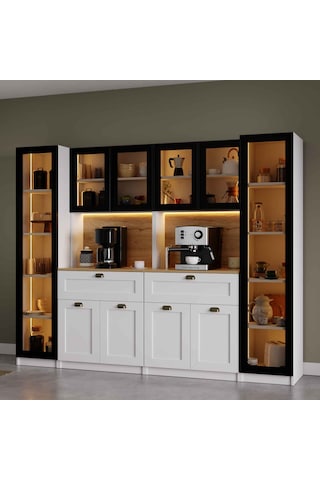 Midoser Nero Quad Modüler Kahve Köşesi Ve Kiler Dolabı Takımı Alüminyum Çerçeveli Cam Kapaklı Led Aydınlatmalı 190 X 240 Cm Beyaz