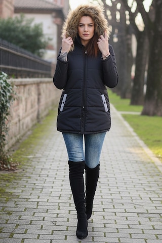 Kışlık Kapüşonu Suni Kürklü Şık Orta Boy Kadın Siyah Mont Siyah