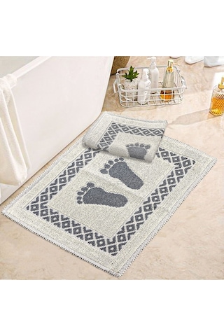 Soffy Krem & Gri 2 Adet 50x70 Cm Banyo Paspası %100 Doğal Pamuk Ayak Paspası Ayak Havlusu Krem - Gri