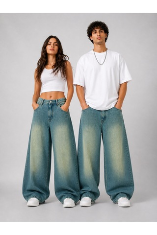St.poll Eskitme Yeşil Efekt Vintage Yıkama Unisex Baggy Jeans Pantolon Mavi Yeşil