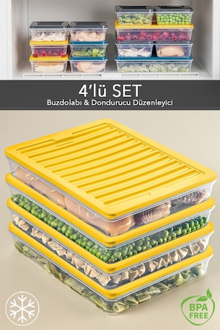 Meleni Home Buzdolabı Organizer Mikrodalga Ve Difrize Uygun Saklama Kabı Sarı 4 x 2400 ML