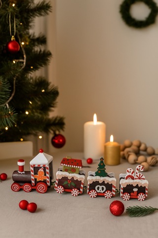4 Parça Yılbaşı Treni Seti 21 Cm - Ahşap Dekoratif Mini Tren Figürü Masa Üstü Ve Ev Dekorasyonu Diğer