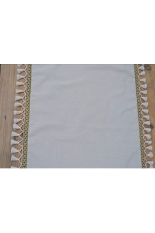 Dnc Home Tekstil Ndchome Özel Tasarım Ham Keten Krem Ponponlu Ve Şeritli Runner Masa Örtüsü Krem