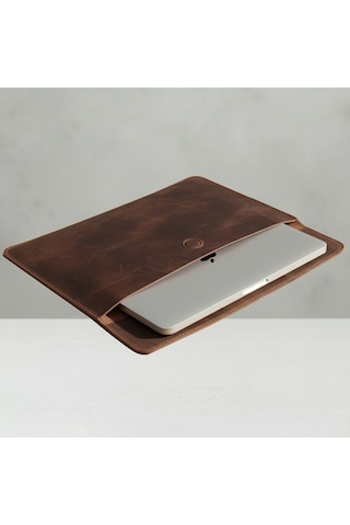 Luqa Leather Vintage Hakiki Deri Laptop Çantası 14 İnç Uyumlu El Yapımı Macbook Kılıfı Açık Kahve