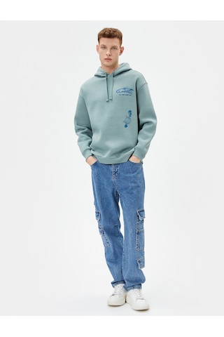 Koton Arkası Baskılı Sweatshirt Kapşonlu Rahat Kesim Uzun Kollu Yeşil 4wam70453mk Yeşil