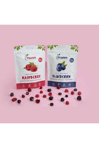 Fruvivo 2'li Freeze Dry Paket - Ahududu + Yaban Mersini - Dondurularak Kurutulmuş Meyve Cipsi Şeker İlavesiz %100 Doğal Vegan 40 G