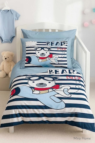 Yenidoğan Erkek Bebek Nevresim Takımı %100 Pamuklu Bear Pilot Çok Renkli