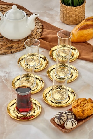 Cooker 6'lı Metal Dövme Desen Çay Tabağı Gold Ckr3577 Gold