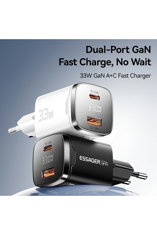 Ebitda Essager 33w Hızlı Şarj Dijital Ekran Usb A + Tip C Çift Bağlantı Noktalı Gan Seyahat Şarj Cihazı Beyaz