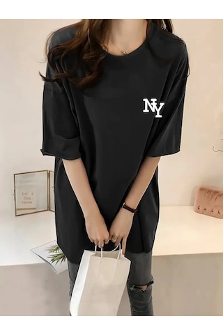 Primemagazam Kadın T-shirt Bisiklet Yaka Ny Baskılı Kısa Kol Tişört - Siyah Çeşitli