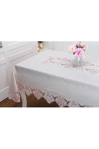 Finezza Laura Lüx Dantelli Simli Keten Kumaş Bej Masa Örtüsü  160x220 cm-1474