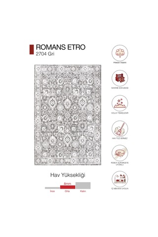 Enti Etro 2704 Vintage Makine Halısı - Robot Süpürge Uyumlu Dikdörtgen Halı Gri