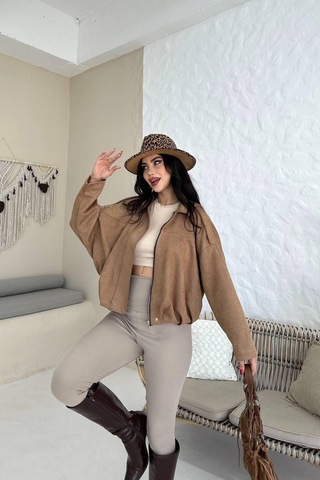 Prifaldi Zr Oversize Ekru Süet Bomber Ceket Vizon