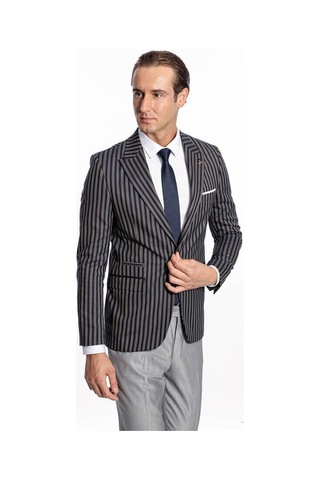 Wessi Çizgili Koyu Slim Fit Lacivert Erkek Ceket Siyah