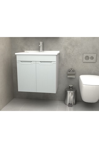 Banyo Dolabı Aynalı Cnc İşlemeli Membran Kapaklı 65 Cm Gri