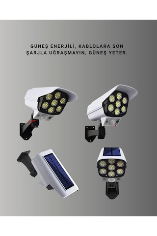 Güneş Enerjili Led Lamba + Güvenlik Kamerası Görünümlü 58 M Hareket Algılamalı, Beyaz Işık Çok Renkli