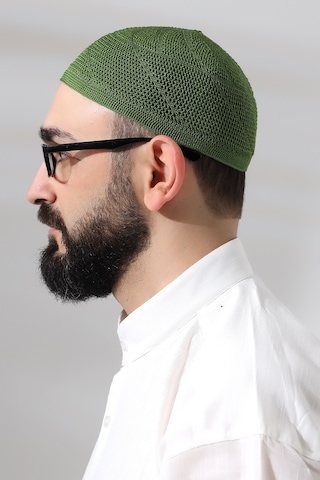 Fıstık Yeşili Dantel Detaylı Örme Gold Namaz Takkesi