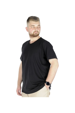 Mode Xl Büyük Beden T-Shirt V Yaka Likralı 20150 Siyah 001