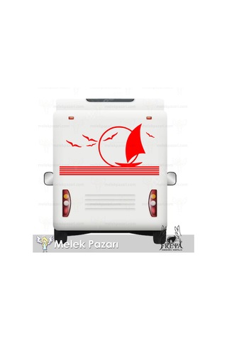 90X46 cm-Martılar ve Yelkenli Karavan Sticker. Karavan Çıkartma