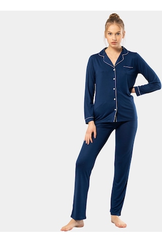 Türen Düz Uzun Kollu Gömlek Yaka Pijama Takım 3365/lacivert 001