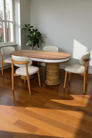 Bohem İskandinav Masa Sandalye Takımı 4 Adet Polo Sandalye Ceviz Mebranlı Mdf Oval Masa-modern Kahverengi