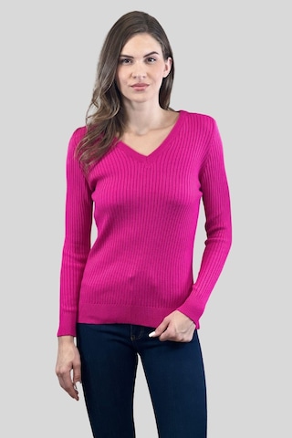 Miss Poem Kadın V Yaka Slim Fit Fitilli Uzun Kışlık Ekru Triko Kazak Fuşya
