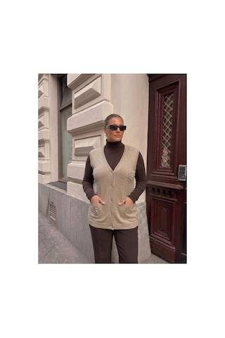 Onno Style Women Cebi Taşlı Çelik Örgü Klasik Triko Yelek Krem