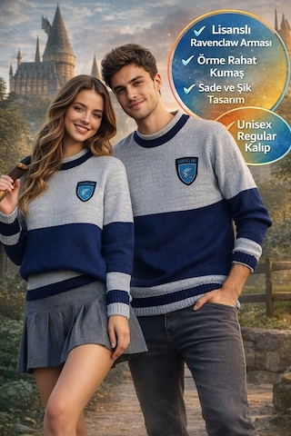 Harry Potter Ravenclaw Quidditch Sweatshirt Lisanslı Örme Kazak Mavi Gri Unisex - Xl Beden
