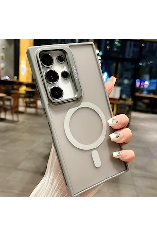 Galaxy S24 Plus İle Uyumlu Kamera Lens Aparatlı Stand Olabilen Magsafe İle Uyumlu Kamera Korumalı Şeffaf Full Color Magnetic Wireless Telefon Kılıfı Titanyum, Galaxy S24 Plus 6998