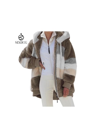 Kadın Peluş Kapüşonlu Ceket Bol Ceket Haki